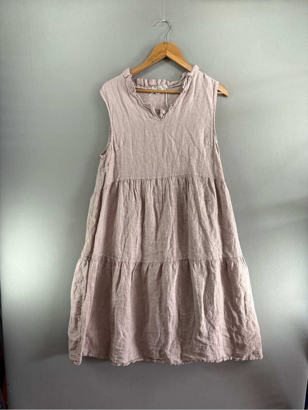 Le Ragazze Linen Midi Dress Size L Taupe Sleeveless Lagenlook Tiered Artist